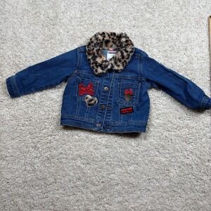 Kids Disney Minnie Mouse Denim Jacket Leopard Fur Collar Patches Size 2T